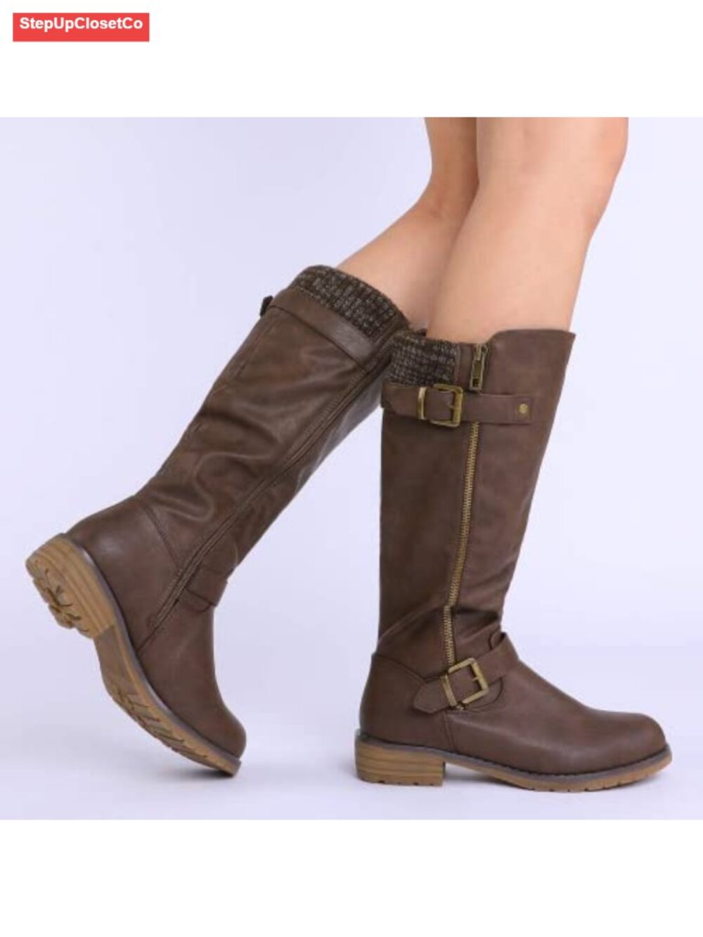 Womens Knee High Riding Boots Double Buckle Faux Leather Side Zip - Picture 4 of 6